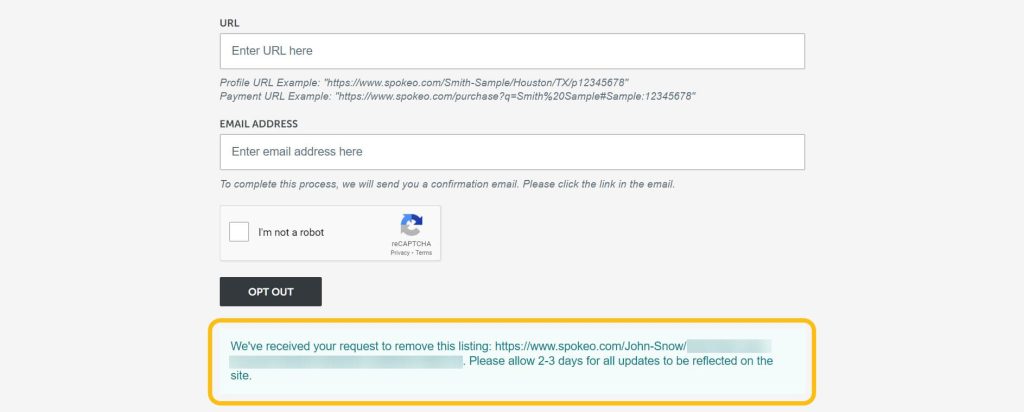 Spokeo opt out request submission confirmation 