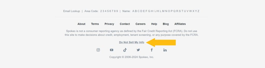 The Do Not Sell My Info link at the bottom of Spokeo home page
