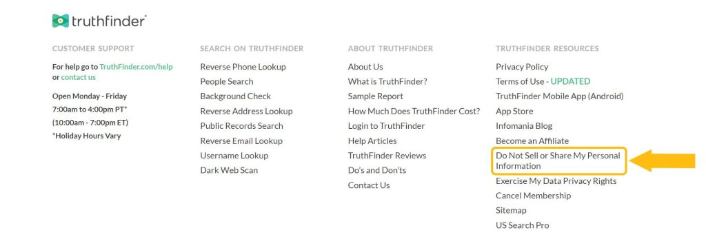 TruthFinder Do Not Sell or Share My Personal Information” under TruthFinder Resources