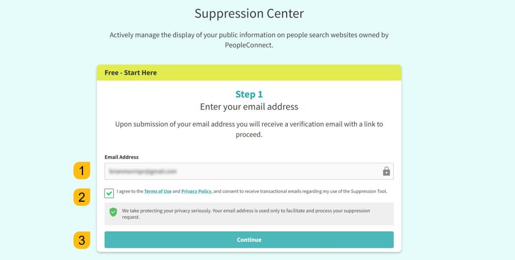 TruthFinder suppression center Enter your email address in the opt out form