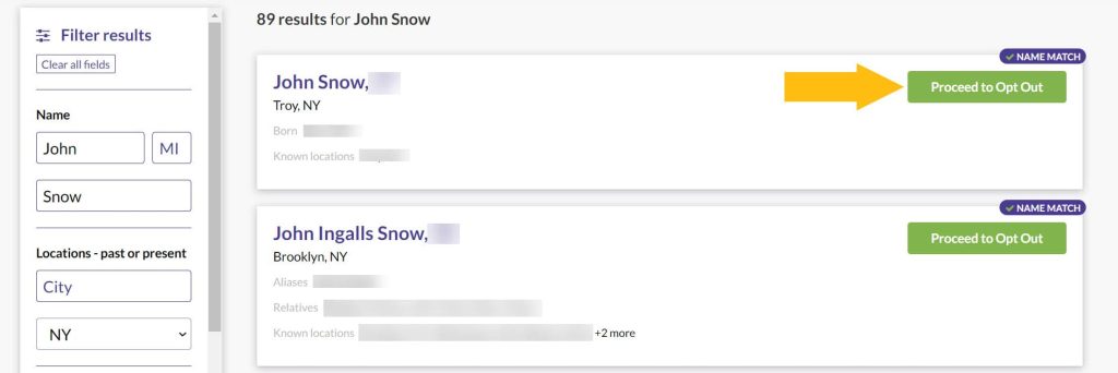 BeenVerified search results for John Snow: click the proceed to opt out button