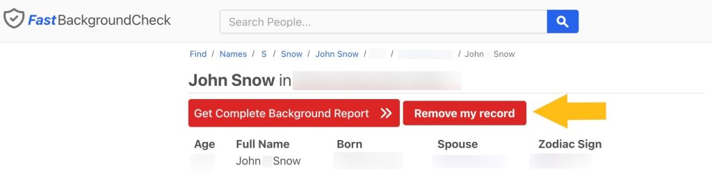 Fastbackgroundcheck get complete background report, click remove my record button