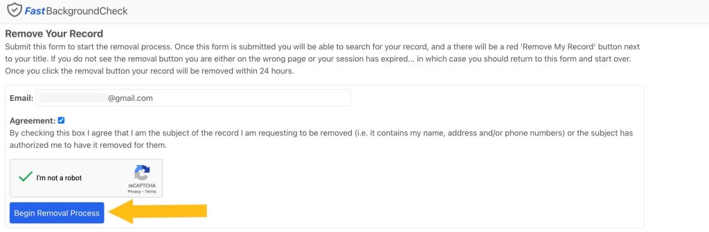 Fastbackgroundcheck remove your record fill in all the required fields and click begin removal process button