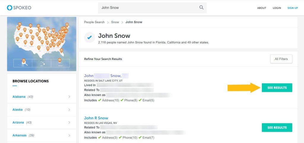 Spokeo people search results page