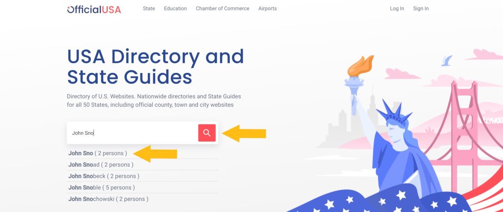 OfficialUSA name search with arrows pointing at how to run it