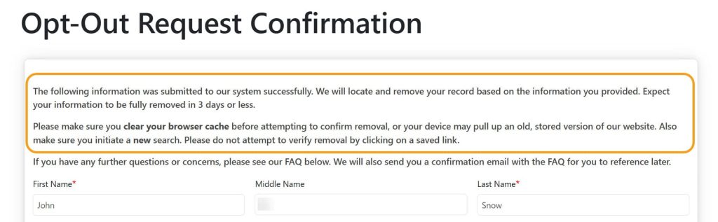 Peoplefinders opt-out request confirmation