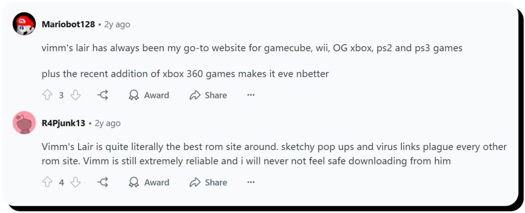 Reddit users praising Vimm's Lair because Vimm's Lair is safe for downloading ROMs